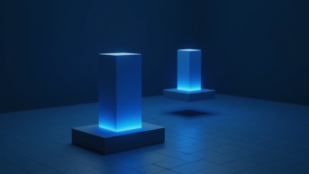 Two identical glowing blue monoliths in a dark space — the left one grounded on a solid base, the right one floating unsupported above its shadow — contrasting a record anchored to chain events with one resting on an outside source