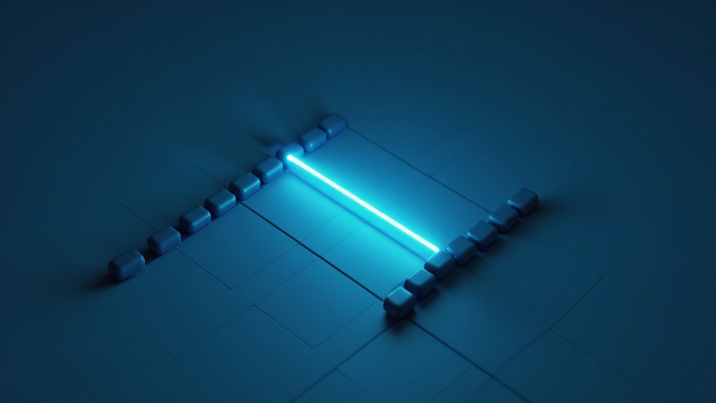 Two rows of markers converging from opposite sides of a dark isometric grid into a single bright blue line where they meet — derived rewards and on-chain receipts resolving to one reconciled figure