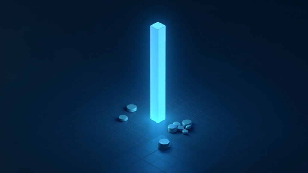 A single tall glowing blue column anchored into a dark isometric grid, with fine threads tying scattered markers back to it — the validator pubkey as the anchor every record traces to