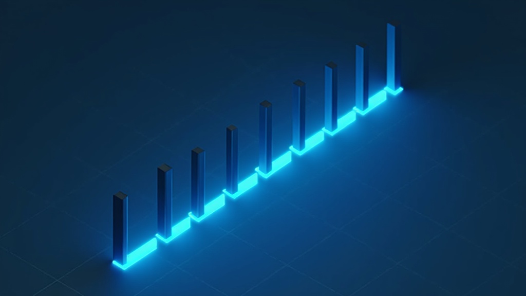 A row of evenly spaced upright posts receding across a dark isometric grid, linked by one continuous glowing blue band — validators measured across a span of time