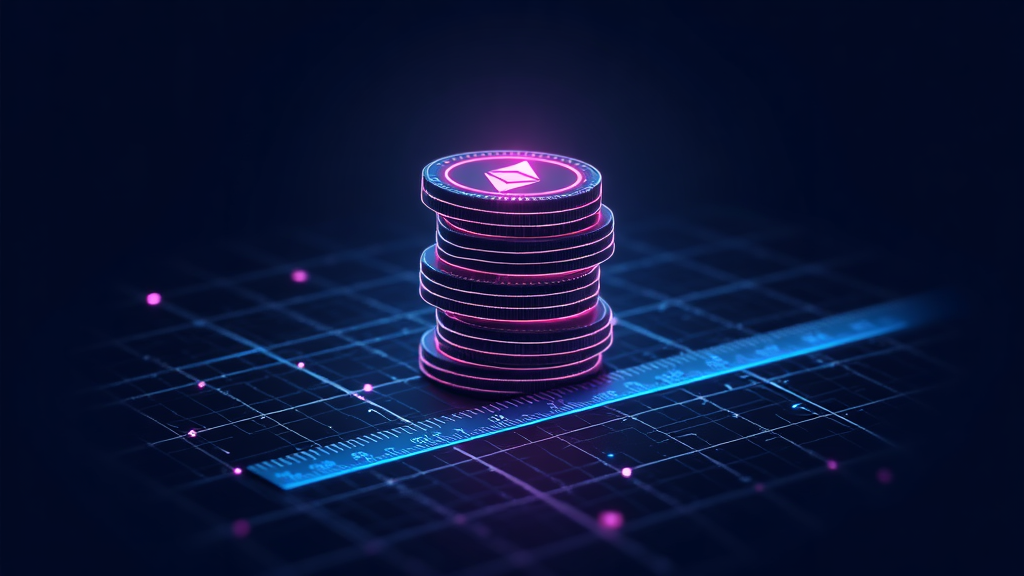 A stack of ETH coins with a ruler marking discrete cost-basis lots, illustrating per-receipt tax-lot tracking